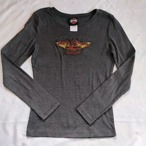 Harley-Davidson Mills Burlington NJ Shirt Large Gray Rhinestone Slim Babydoll T